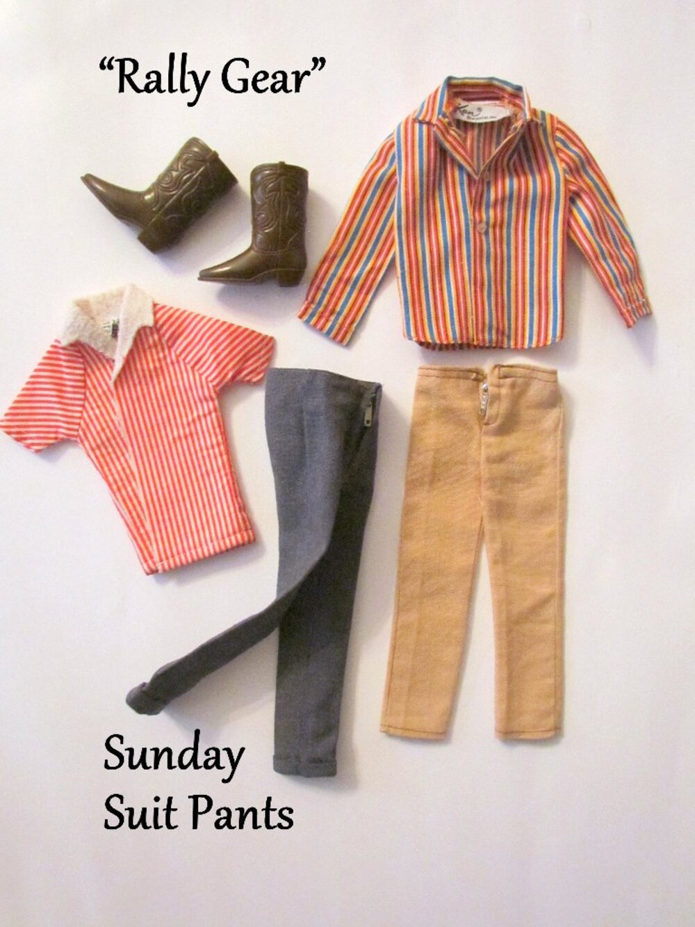1960s KEN CLOTHES: "RALLY GEAR" w COWBOY BOOTS; 2 PAIRS PANTS w ZIP FLYS, SHIRTS